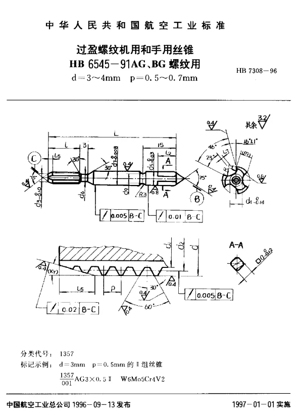 HB 7308-1996 过盈螺纹机用和手用丝锥.HB 6545-91AG、BG螺纹用d=3~4mm p=0.5~0.7mm