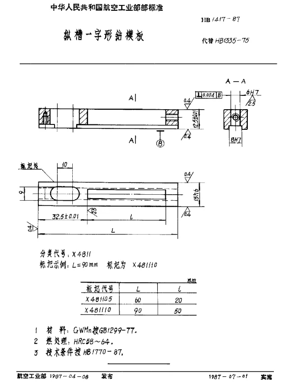 HB 1417-1987 纵槽一字形钻模板