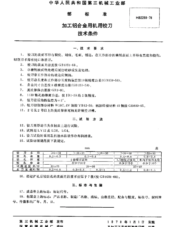 HB 2299-1976 加工铝合金用机用铰刀技术条件
