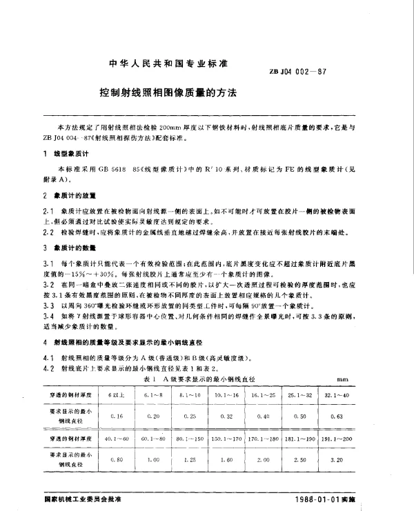 ZB J04 002-1987 控制射线照相图像质量的方法