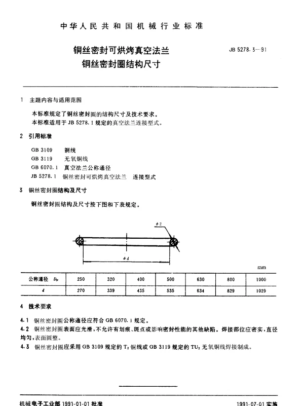 JB 5278.3-1991 铜丝密封可烘烤真空法兰 铜丝密封圈结构尺寸