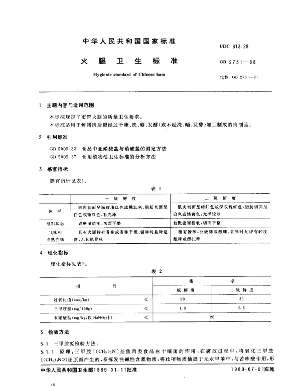 GB 2731-1988 火腿卫生标准