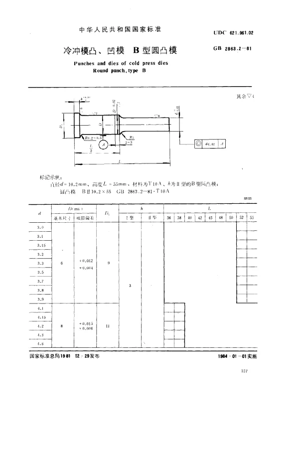 GB 2863.2-1981 冷冲模凸、凹模 B形圆凸模