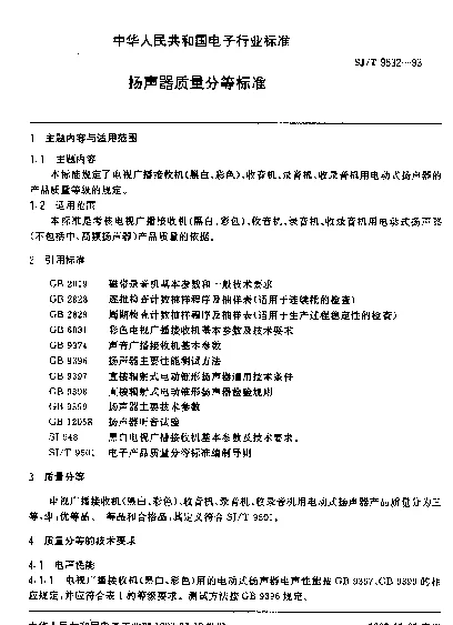 SJT 9532-1993 扬声器质量分等标准