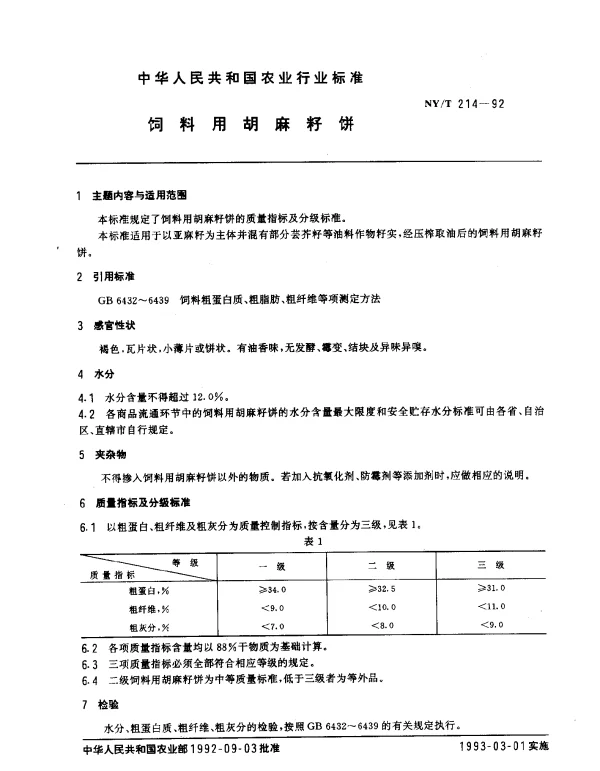 NYT 214-1992 饲料用胡麻籽饼