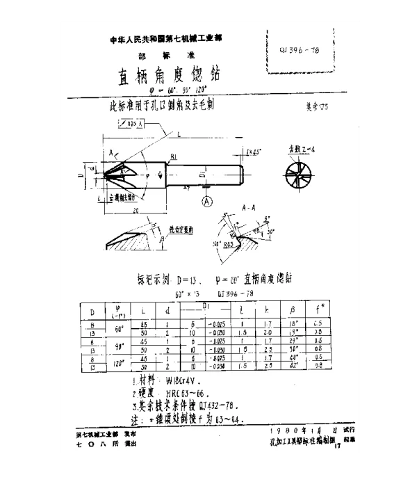 QJ 396-1978 直柄角度锪钻(ψ=60°、90°、120°)