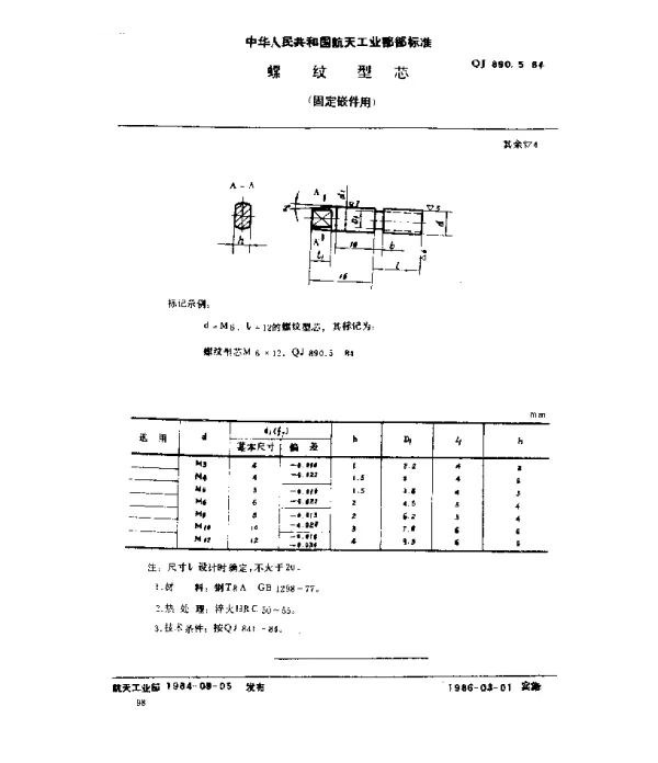QJ 890.5-1984 塑料挤压模具 螺纹型芯(固定嵌件用)
