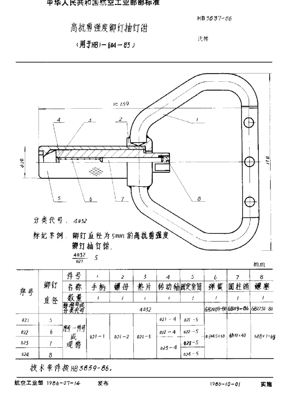 HB 3837-1986 高抗剪强度铆钉抽钉钳 (用于HB 1-604-83)
