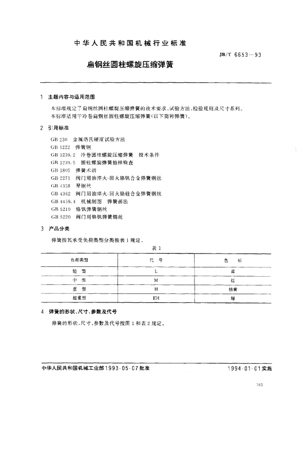 JBT 6653-1993 扁钢丝圆柱螺旋压缩弹簧