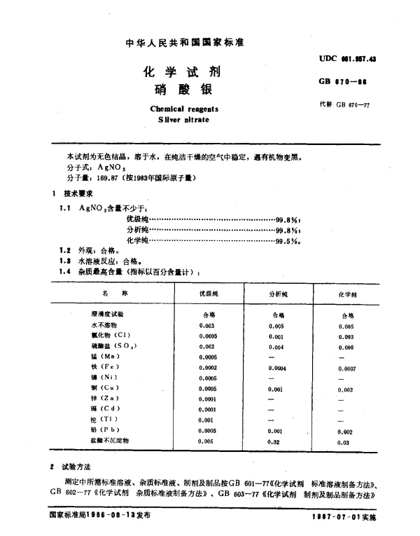 GB 670-1986 化学试剂 硝酸银