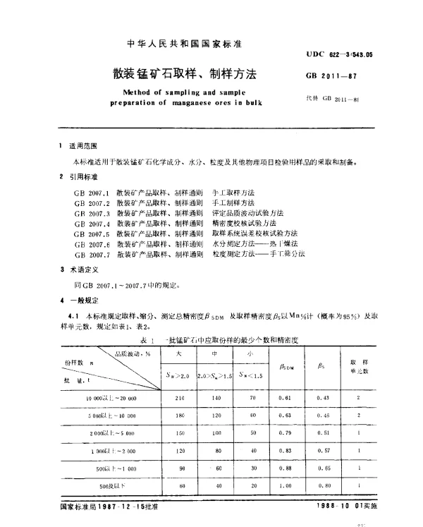 GB 2011-1987 散装锰矿石取样、制样方法