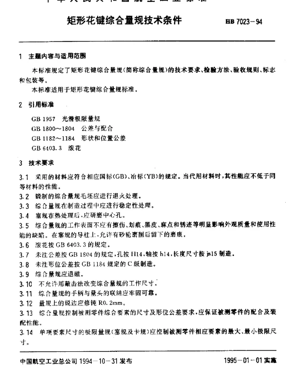 HB 7023-1994 矩形花键综合量规技术条件