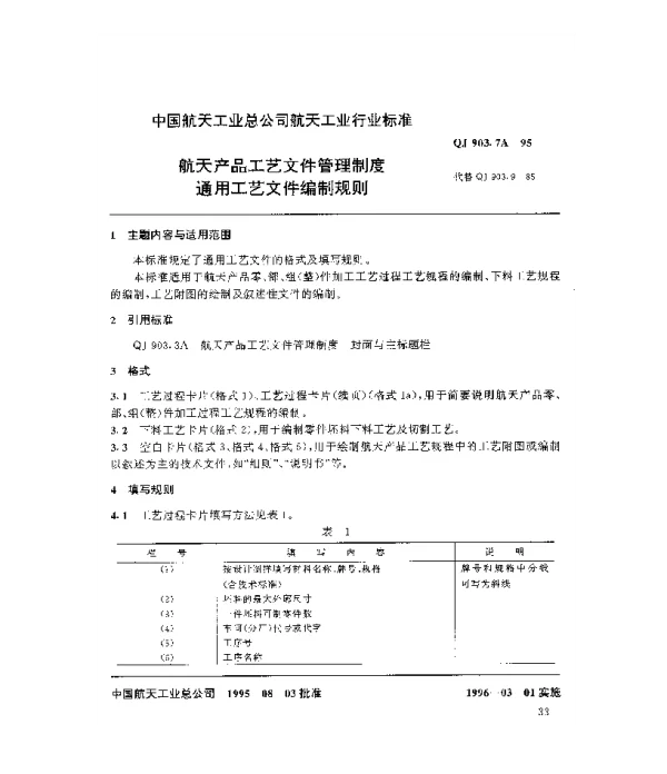 QJ 903.7A-1995 航天产品工艺文件管理制度 通用工艺文件编制规则