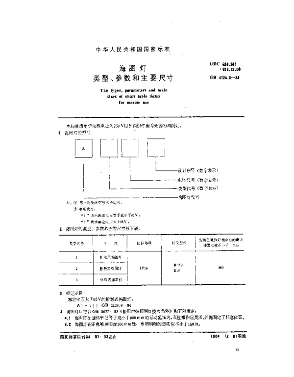 GB 4124.9-1984 海图灯类型、参数和主要尺寸