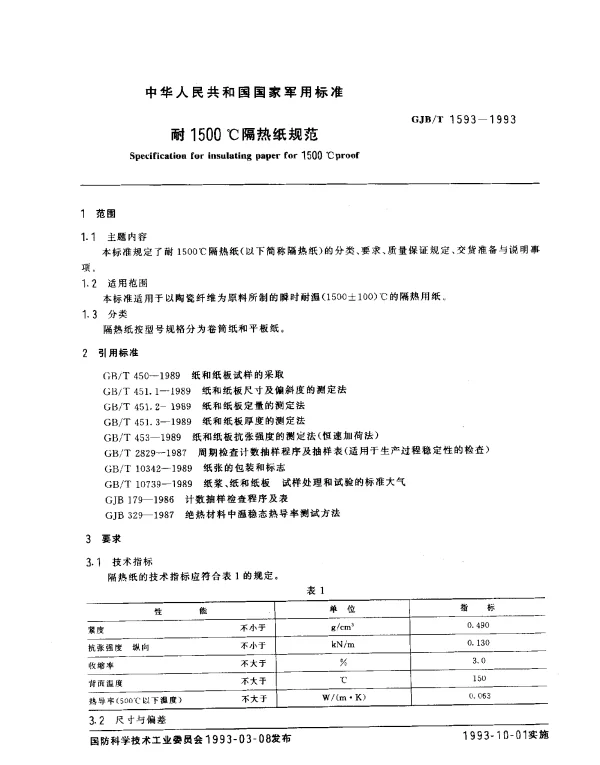 GJBT 1593-1993 耐1500℃隔热纸规范
