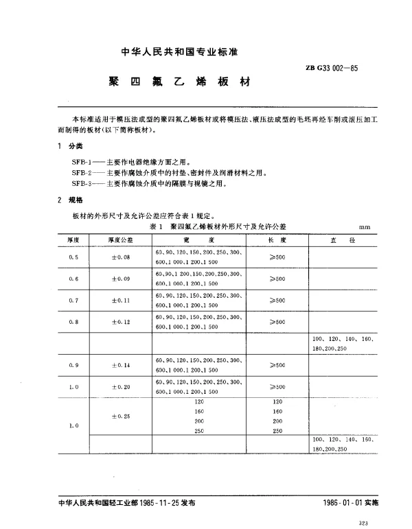 ZB G33 002-1985 聚四氟乙烯板材