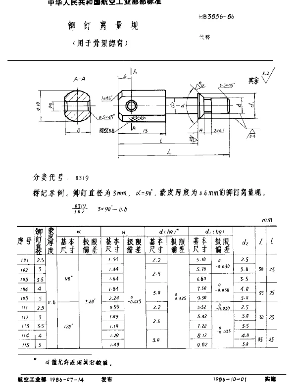 HB 3856-1986 铆钉窝量规 (用于骨架锪窝)