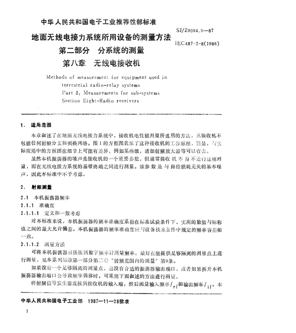 SJZ 9094.9-1987 地面无线电接力系统所用设备的测量方法 第二部分 分系统的测量 第八章 无线电接收机