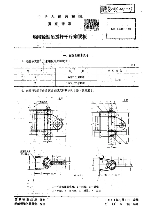 CBT 441-1999 船用轻型吊货杆千斤索眼板