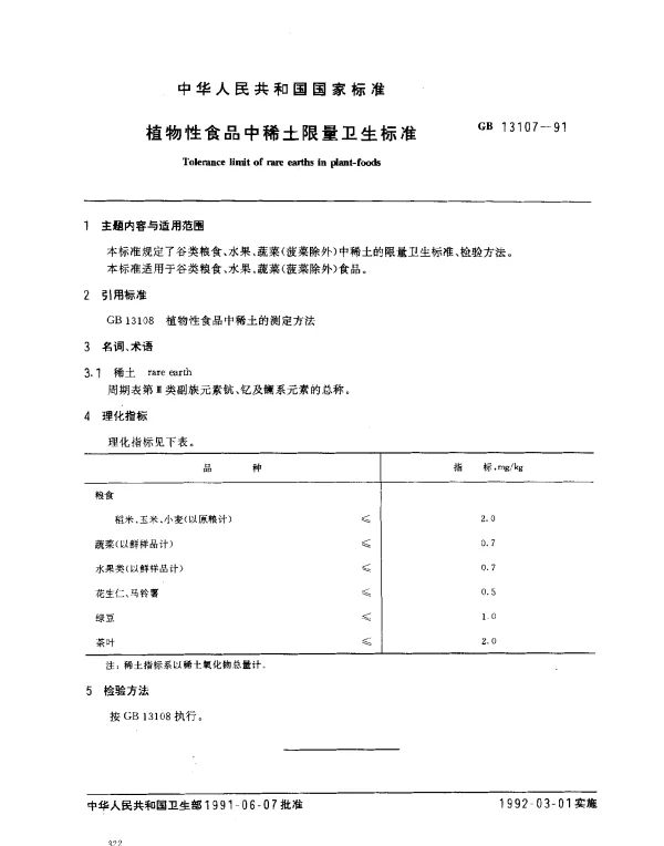 GB 13107-1991 植物性食品中稀土限量卫生标准