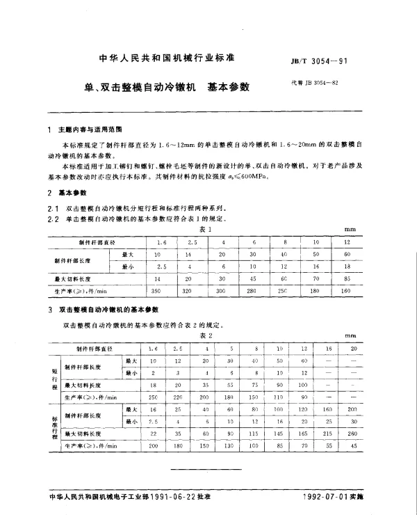 JBT 3054-1991 单、双击整模自动冷镦机.基本参数