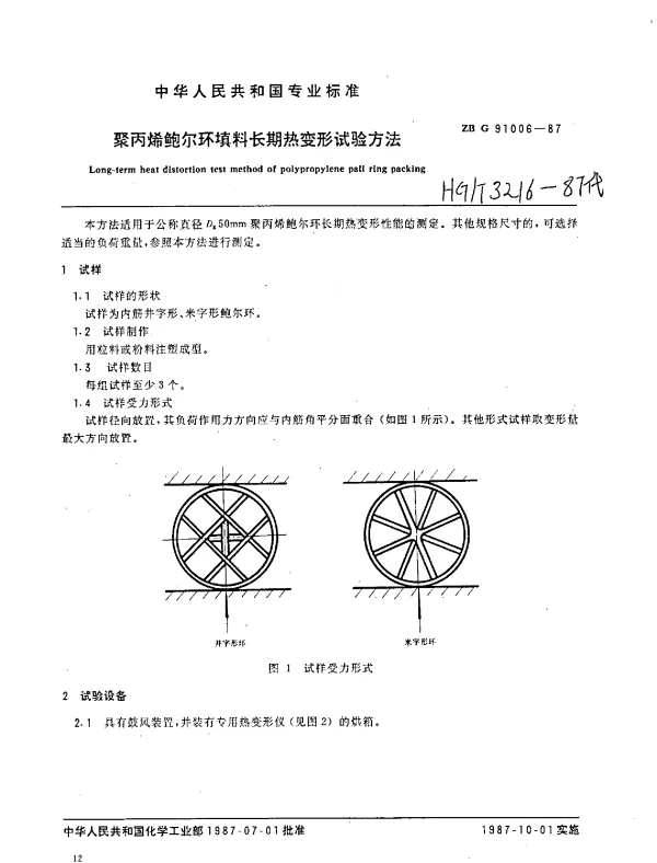 HGT 3216-1987 聚丙烯鲍尔环填料长期热变形试验方法