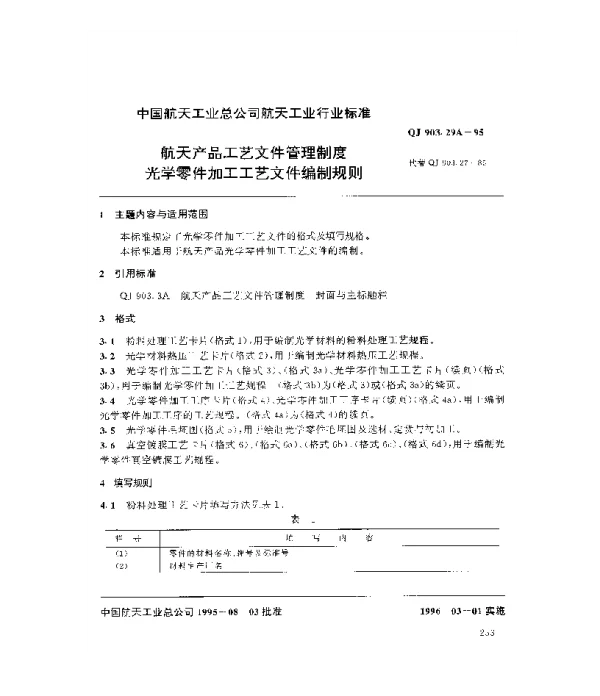 QJ 903.29A-1995 航天产品工艺文件管理制度 光学零件加工工艺文件编制规则