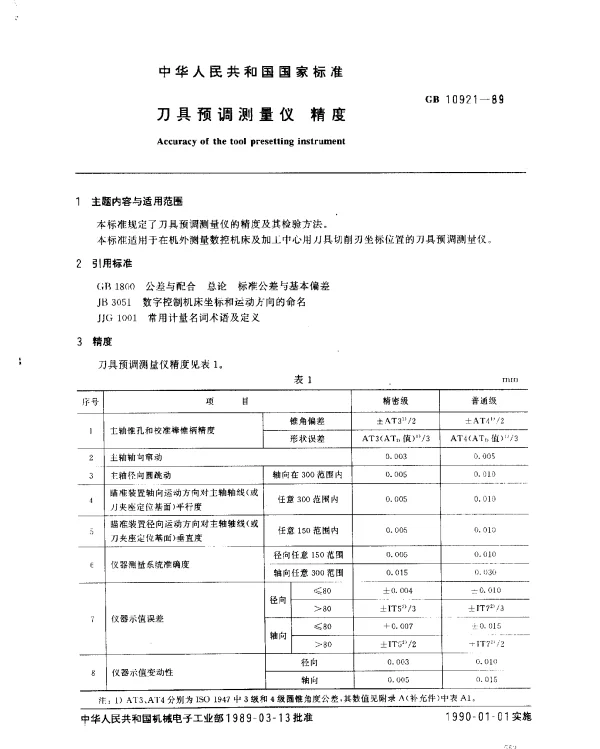 GB 10921-1989 刀具预调测量仪 精度