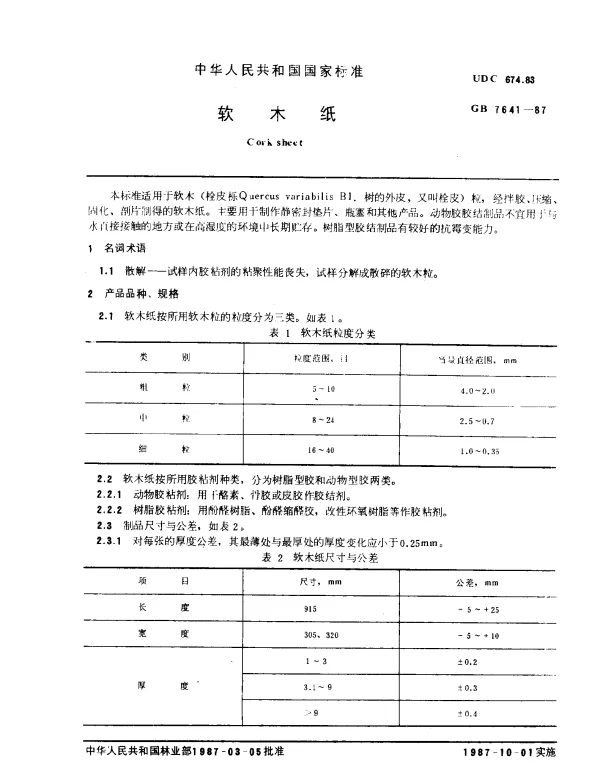 GB 7641-1987 软木纸