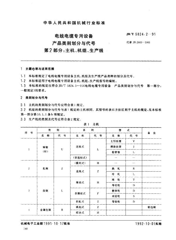 JBT 5824.2-1991 电线电缆专用设备 产品类别划分与代号 第2部分： 主机、机组、生产线