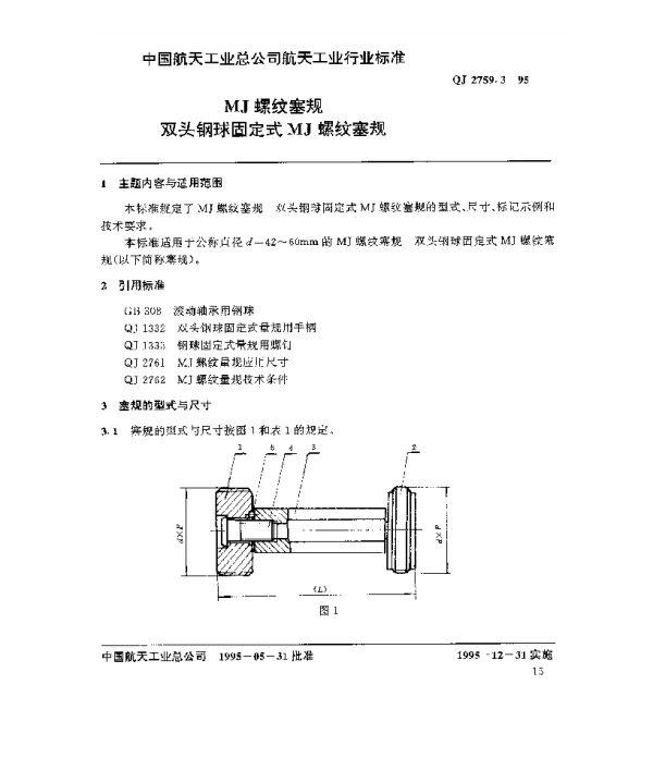 QJ 2759.3-1995 MJ螺纹塞规 双头钢球固定式MJ螺纹塞规