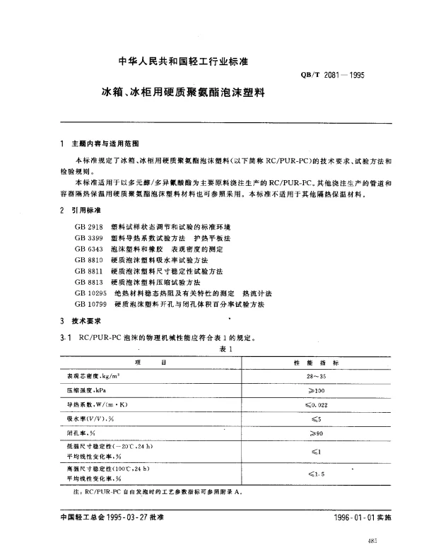 QBT 2081-1995 冰箱、冰柜用硬质聚氨酯泡沫塑料