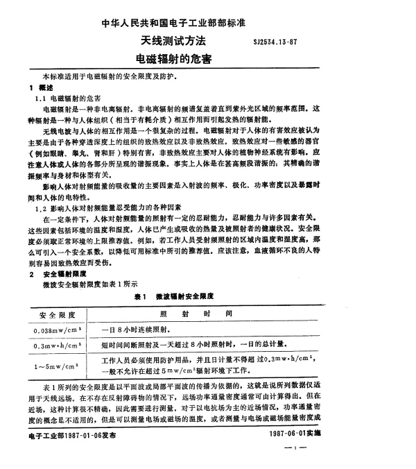 SJ 2534.13-1987 天线测试方法.电磁辐射的危害