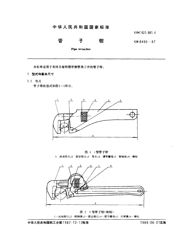 GB 8406-1987 管子钳