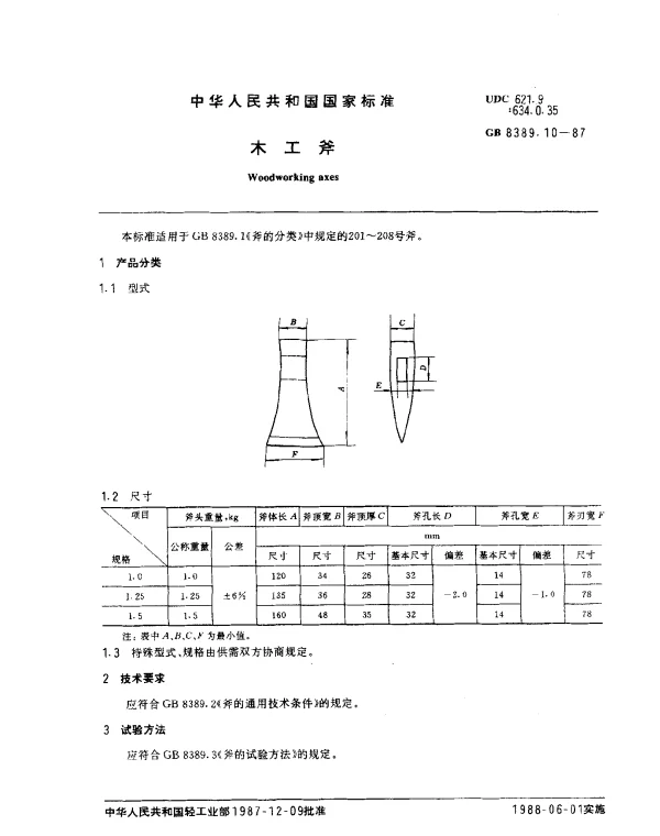 GB 8389.10-1987 木工斧