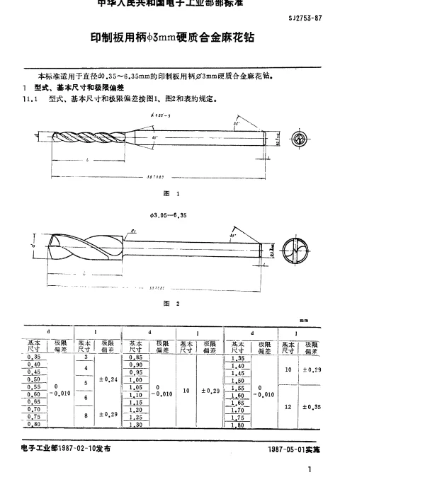 SJ 2753-1987 印制板用柄φ3mm硬质合金麻花钻