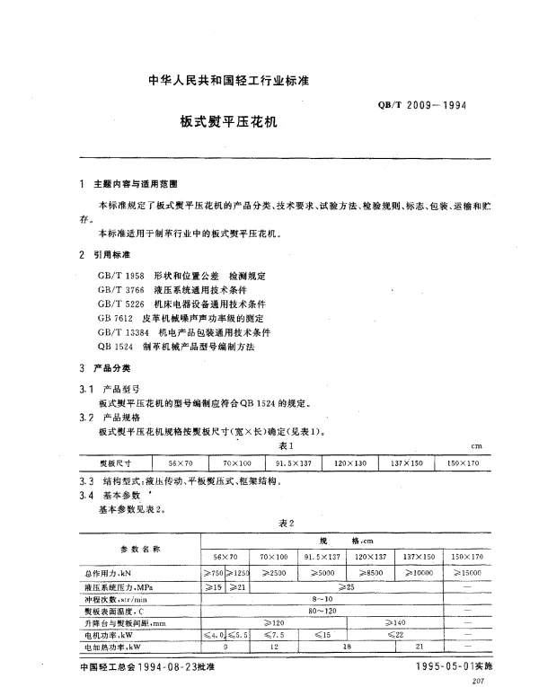 QBT 2009-1994 板式熨平压花机