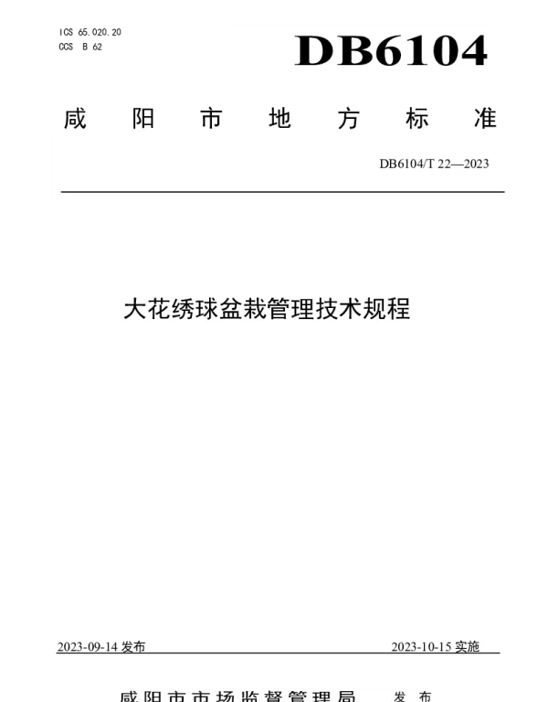 DB6104T 22-2023 大花绣球盆栽管理技术规程
