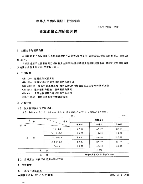 QBT 2188-1995 高发泡聚乙烯挤出片材