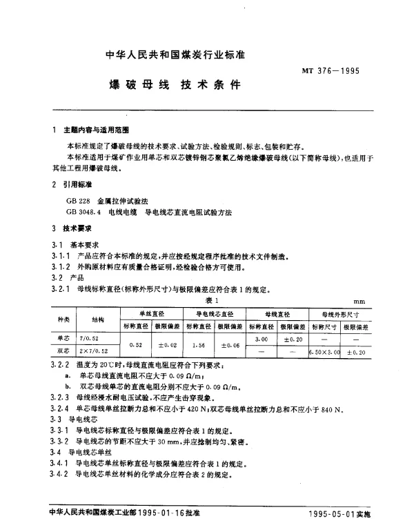 MT 376-1995 爆破母线技术条件