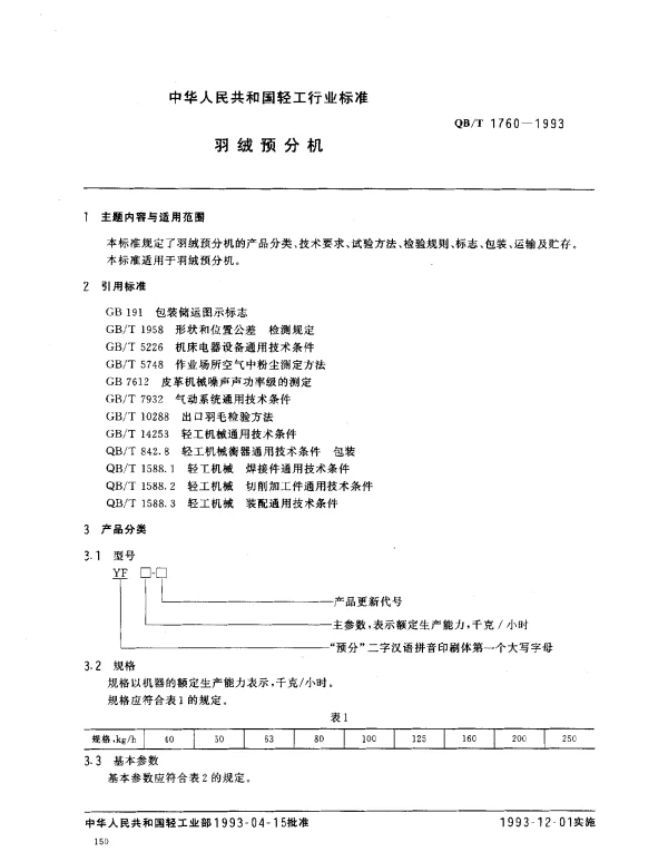 QBT 1760-1993 羽绒预分机