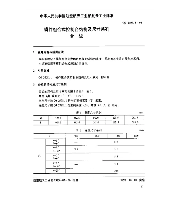 QJ 2498.5-1993 模件组合式控制台结构及尺寸系列 台板