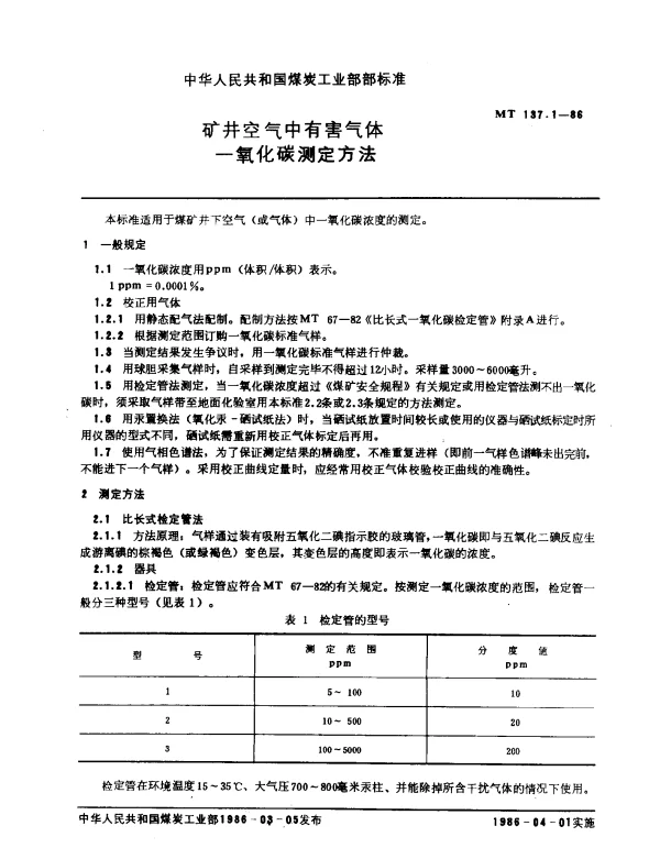 MT 137.1-1986 矿井空气中有害气体.一氧化碳测定方法