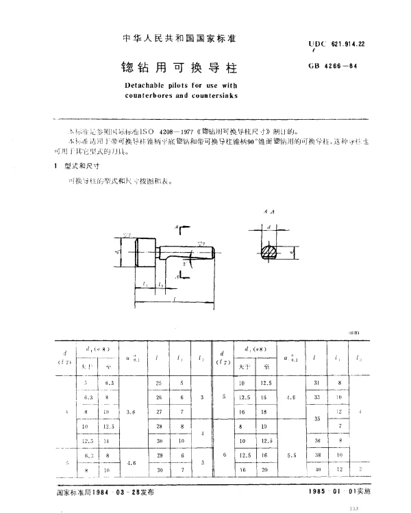 GB 4266-1984 锪钻用可换导柱
