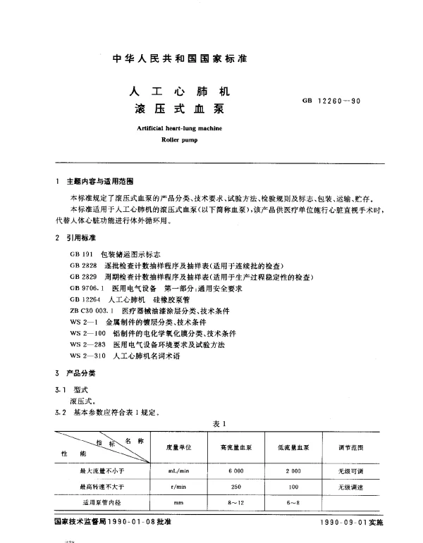 GB 12260-1990 人工心肺机滚压式血泵