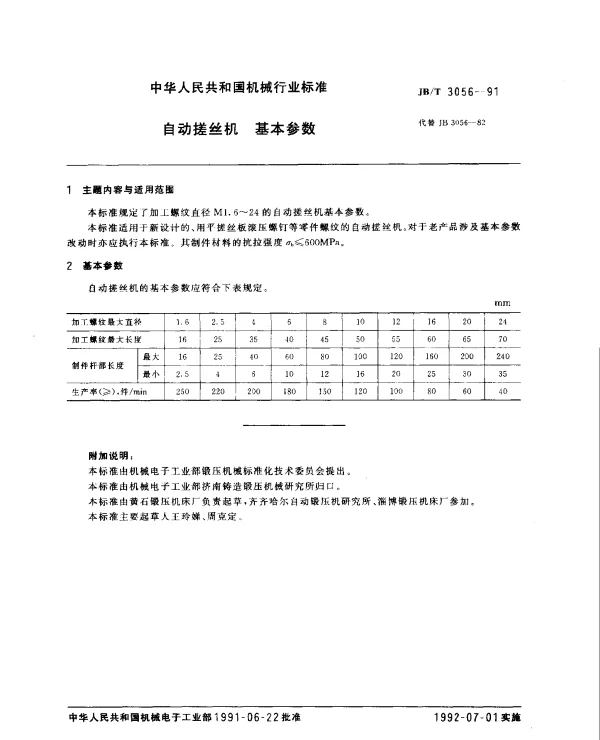 JBT 3056-1991 自动搓丝机.基本参数