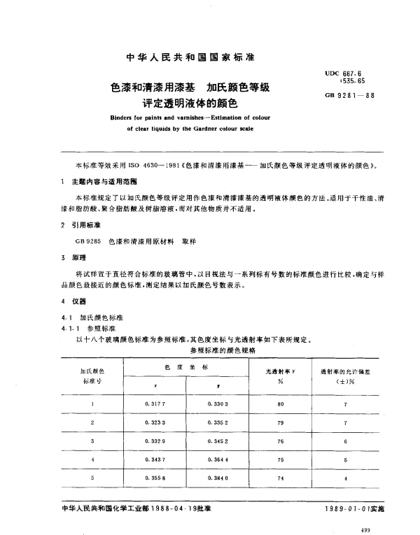 GB 9281-1988 色漆和清漆用漆基 加氏颜色等级评定透明液体的颜色