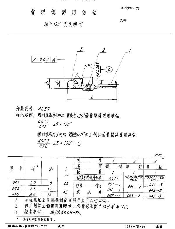 HB 3800-1986 骨架锪窝用锪钻 用于120°沉头铆钉