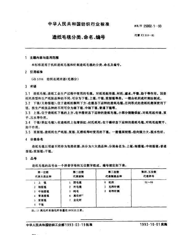 FZT 25002.1-1993 造纸毛毯分类、命名、编号
