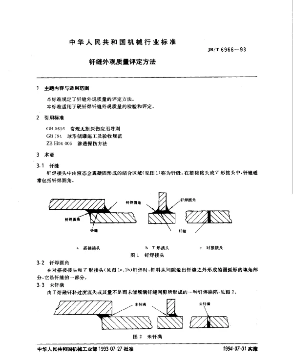 JBT 6966-1993 钎缝外观质量评定方法
